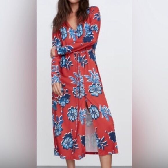 Zara Floral Buttons Down Long Sleeves Self Tie Midi Dress.Size S - Picture 2 of 16
